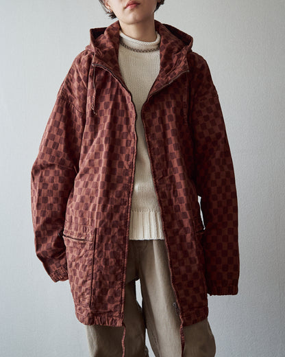 【M-L】90s MARIMEKKO Cotton Checkerboard Print Hooded Parka / Brown