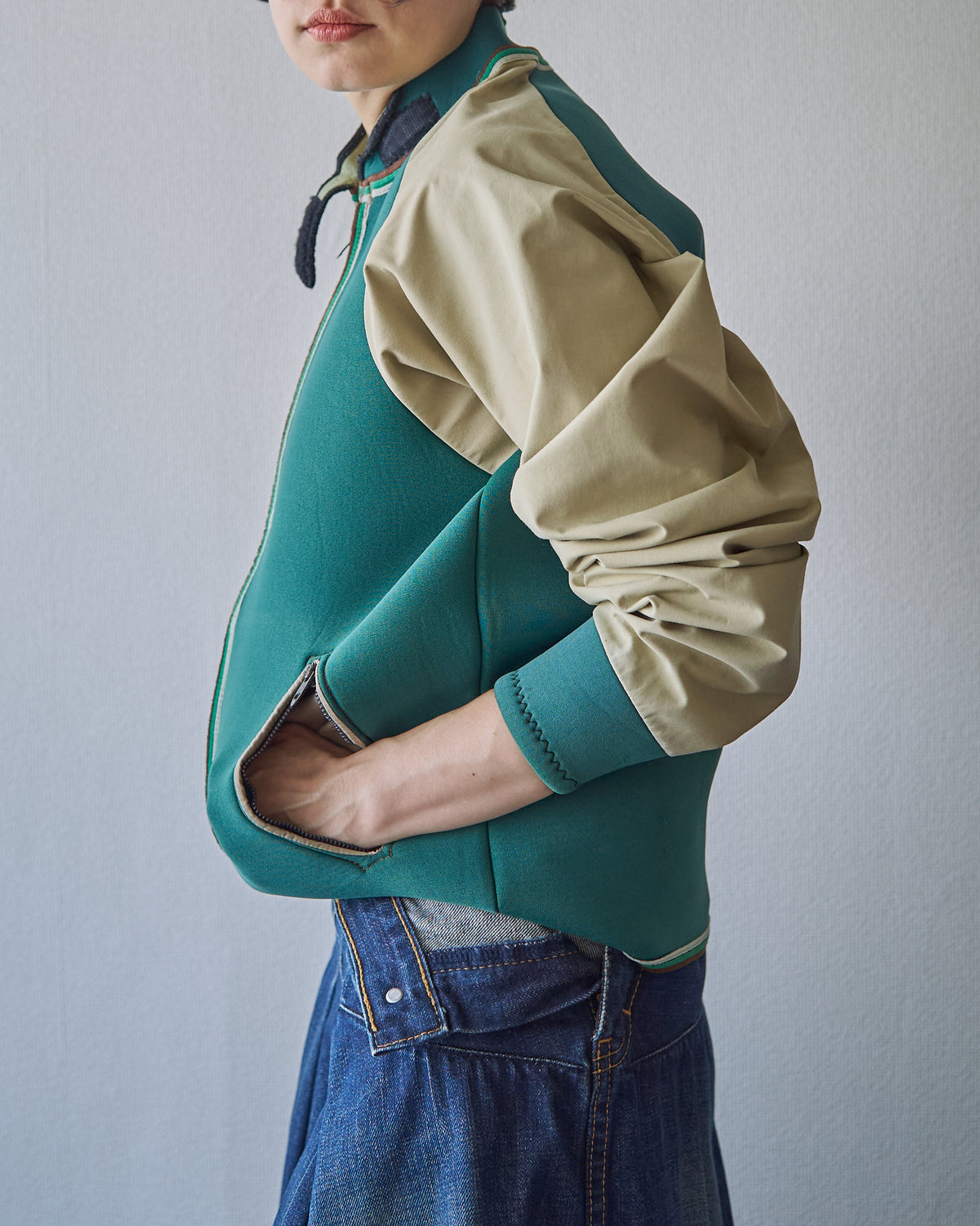 【SIZE S】1980-90s Neoprene Switching Jacket / Green × Beige