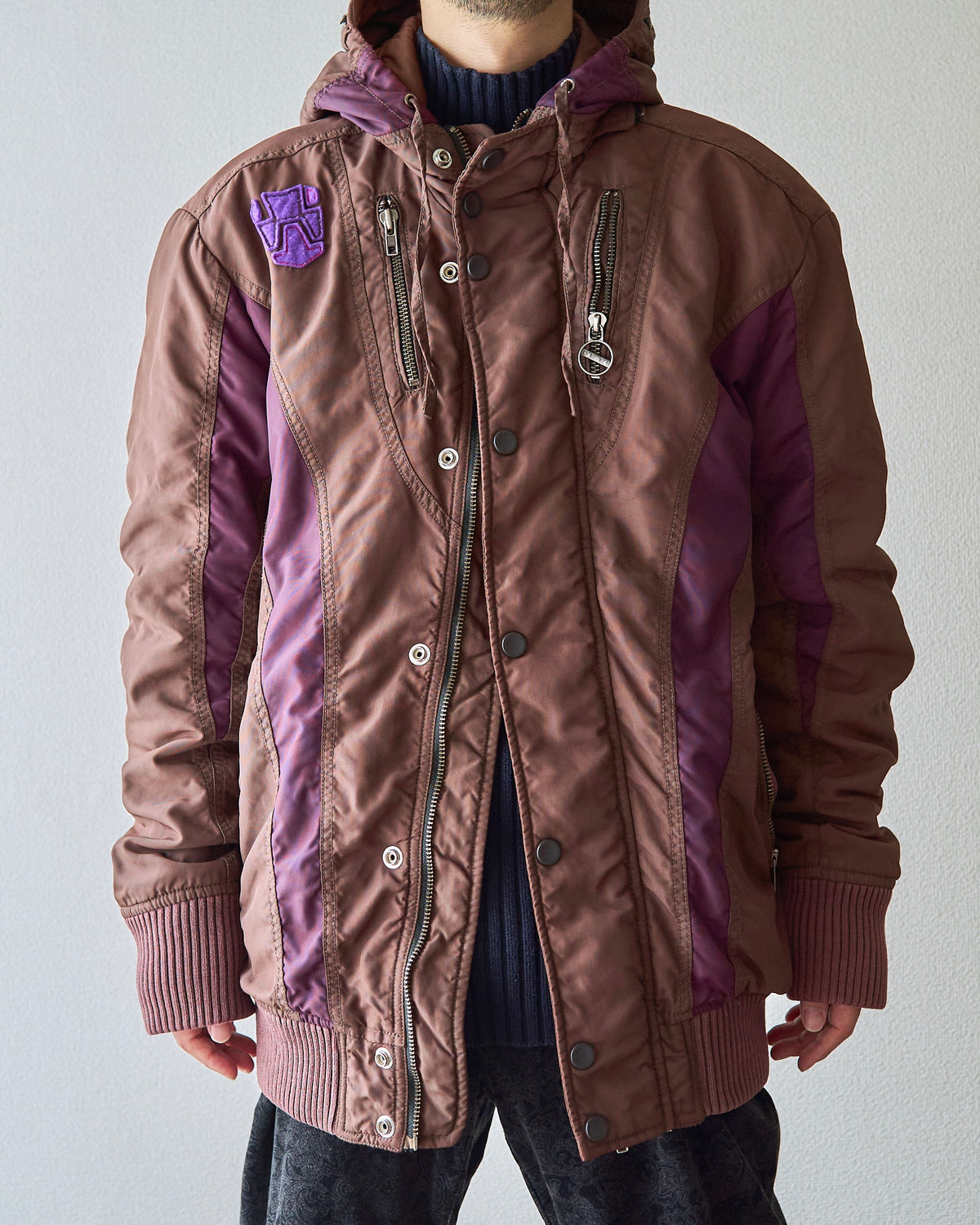 【SIZE M-L】00s DIESEL Multi-Zip Curved Bomber Jacket / Brown Purple