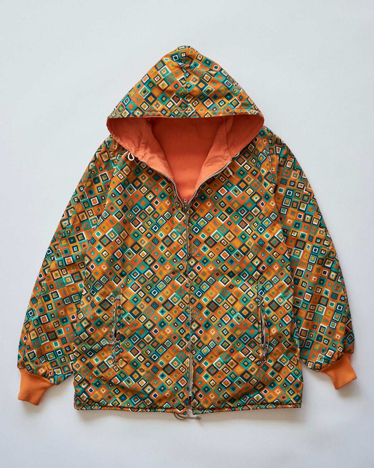 【SIZE S】70s Reversible Cotton Op-Art Geometric Print Ski Parka / Orange Multi