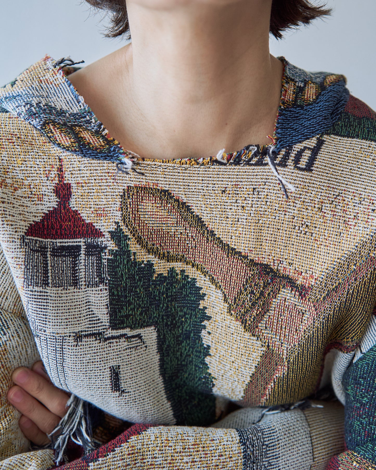 Lighthouse Jacquard Tapestry Remake Hoodie / Fringe Trim Multi