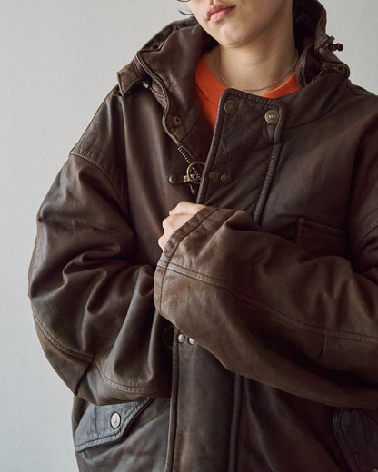 【SIZE S-M】80s Italian Leather Fireman  Hooded Jacket / Brown