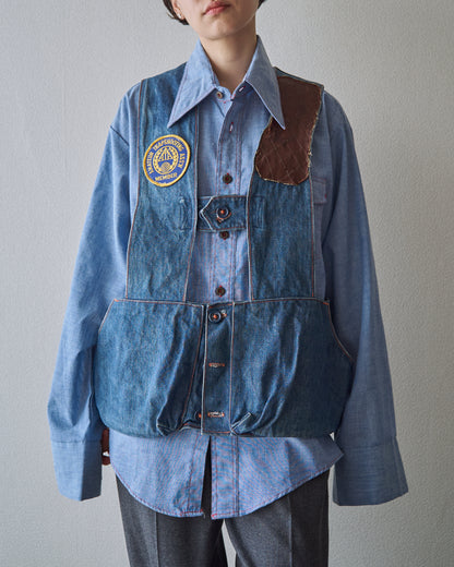 【SIZE M】60-70s Denim Leather Recoil-Pad  Shooting Vest / Orange Stitch