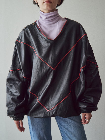 【SIZE XL】80s Shoulder-Snap Oversized Piping Leather Pullover / Black Red Piping