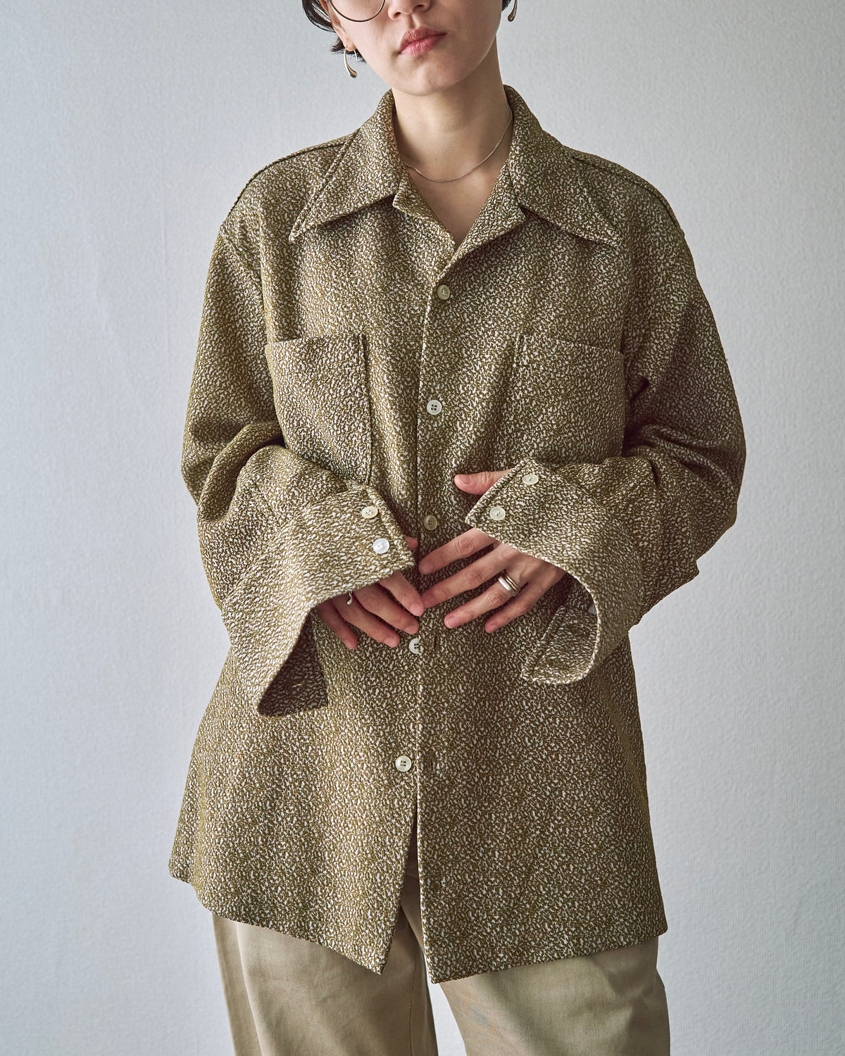 【SIZE M-L】70s Jacquard Knit Open Collar Shirt / Olive Ivory