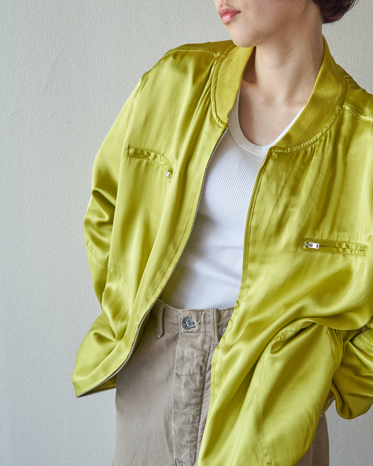 【SIZE S-M】2010s CHICO'S DESIGN Silk Satin MA-1 Bomber / Chartreuse Yellow