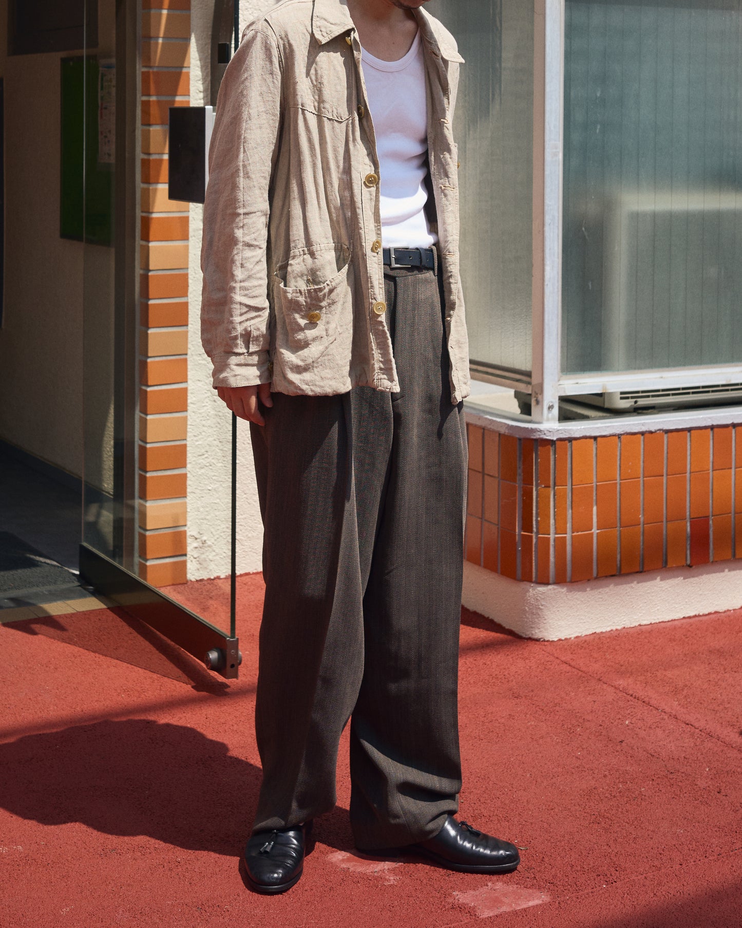 【Size S】 80-90s Italy Light Wool 3Tuck Summer Trousers / Brown