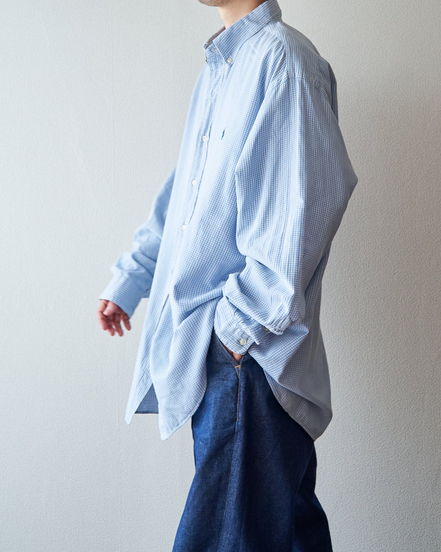 90-00's RALPH LAUREN "BLAKE" Cotton Twill Gingham BD Shirt / Blue × White