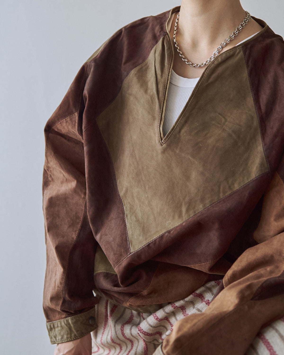 【SIZE S】70s Geometric Patchwork Suede Pullover / Tonal Brown