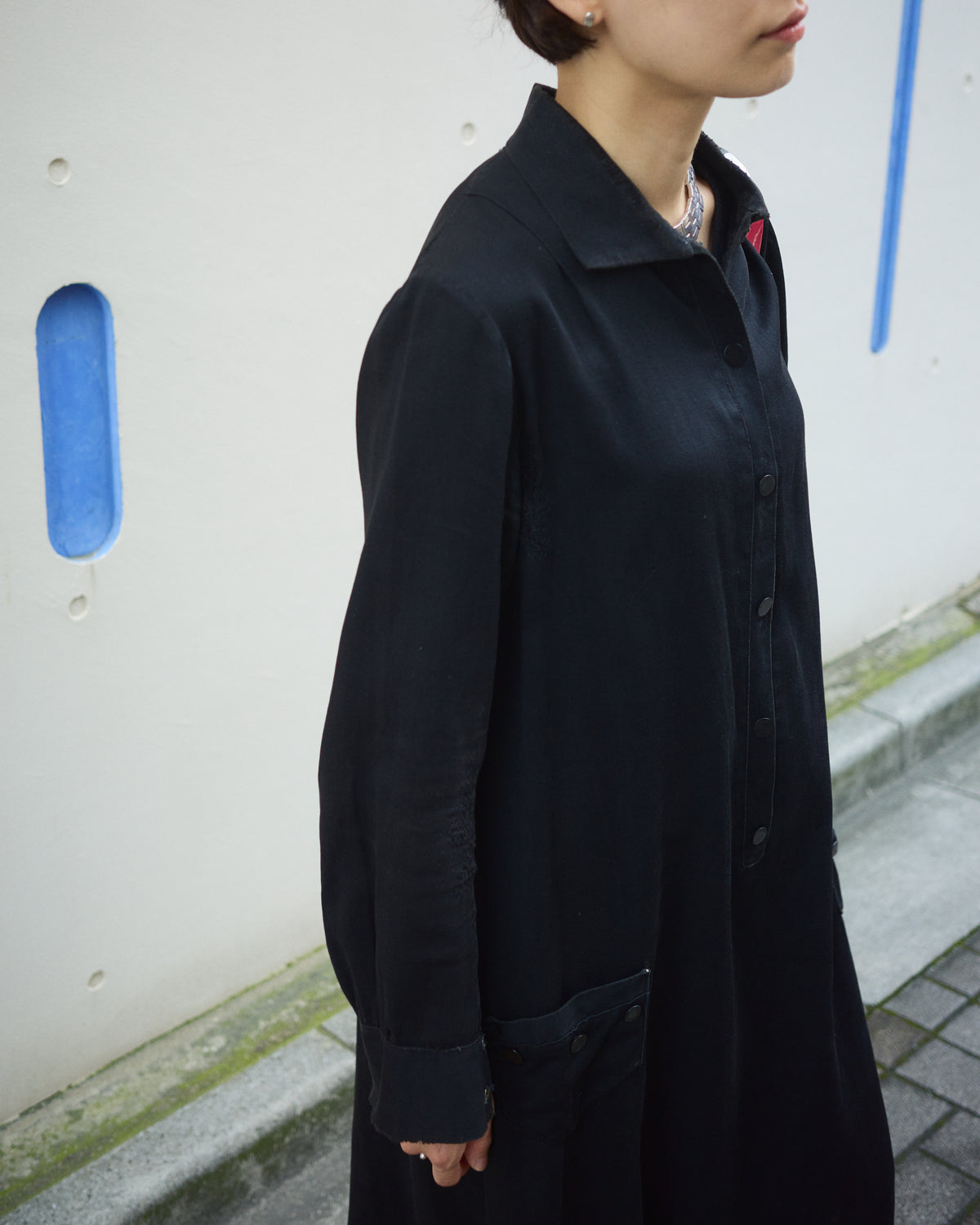 【SIZE S】-1940s French Black Cotton Sateen Maid Dress / Hand-Darned Repairs