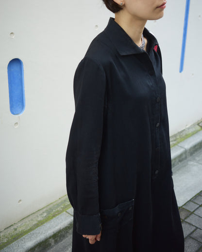 【SIZE S】-1940s French Black Cotton Sateen Maid Dress / Hand-Darned Repairs