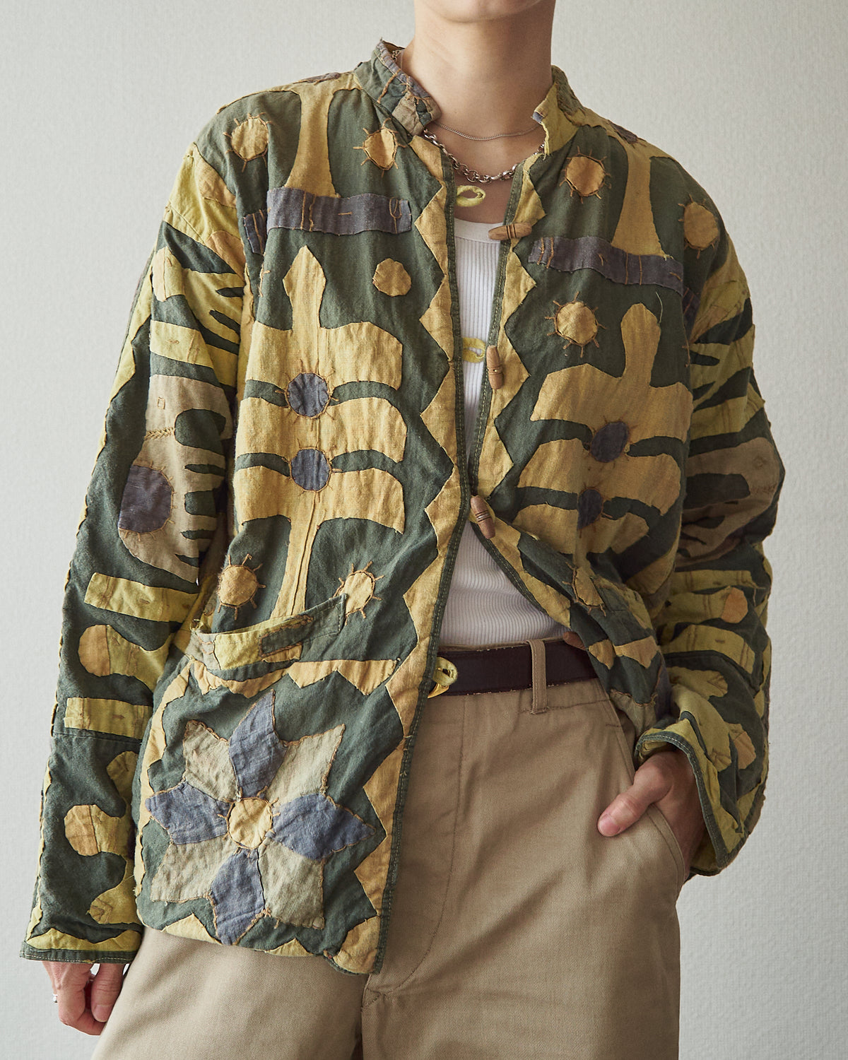 【SIZE S】Unknown Cotton Applique Patchwork Jacket / Olive & Mustard
