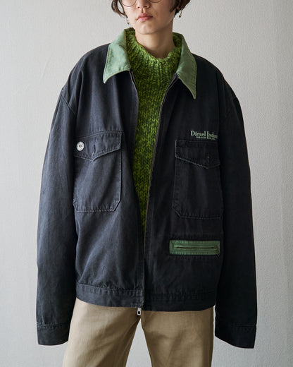 【SIZE L】90s DIESEL Industry Cotton Twill Contrast Collar Work Jacket / Black x Moss Green