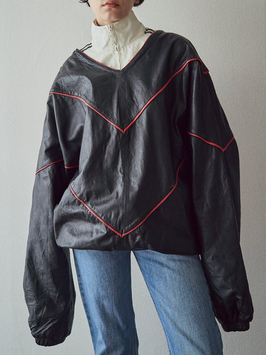 【SIZE XL】80s Shoulder-Snap Oversized Piping Leather Pullover / Black Red Piping