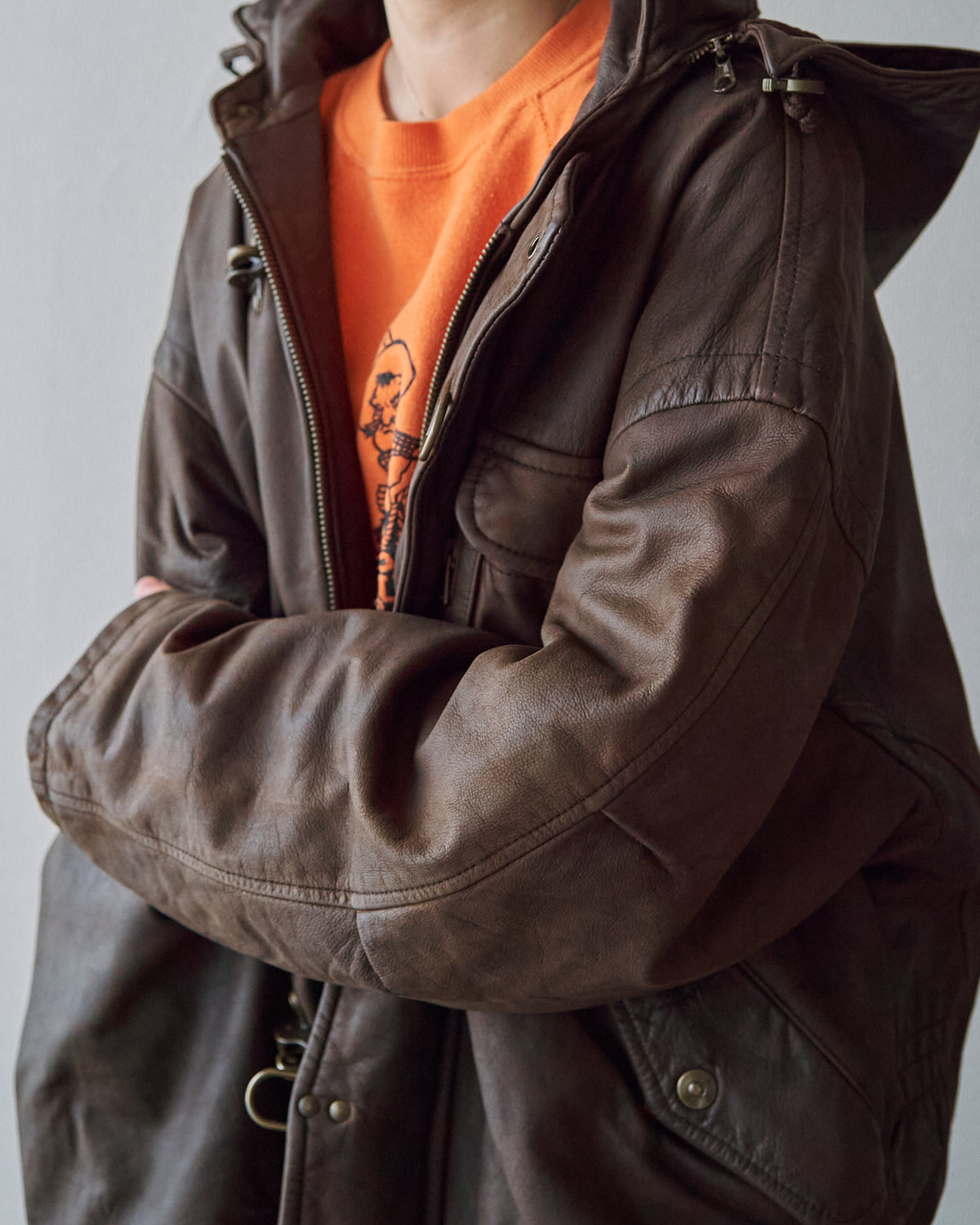【SIZE S-M】80s Italian Leather Fireman  Hooded Jacket / Brown