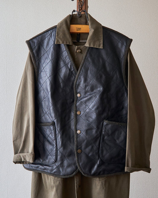 【SIZE L】HUGO BOSS Leather & Wool Panel Quilted Gilet / Black