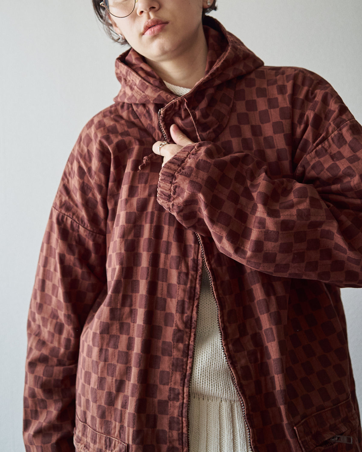 【M-L】90s MARIMEKKO Cotton Checkerboard Print Hooded Parka / Brown