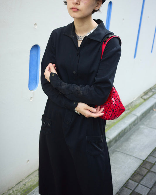 【SIZE S】-1940s French Black Cotton Sateen Maid Dress / Hand-Darned Repairs