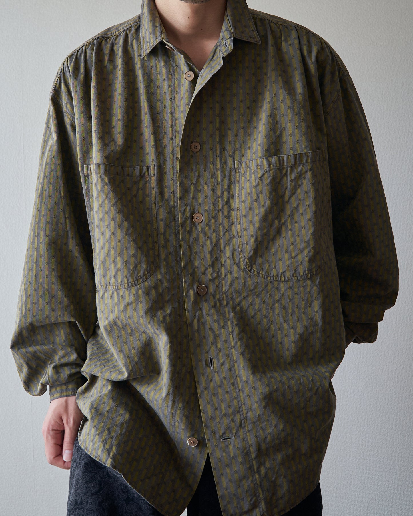 80-90s RENOMA PARIS Cotton Dobby-Striped Balloon Sleeve Shirt / Mustard Grey × Charcoal