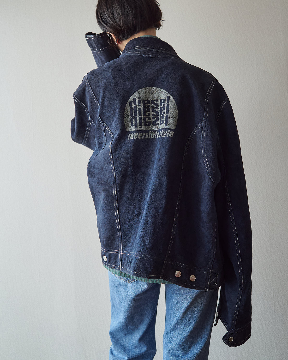 【SIZE L】90s-00s DIESEL Suede Reversible Trucker Jacket / Navy