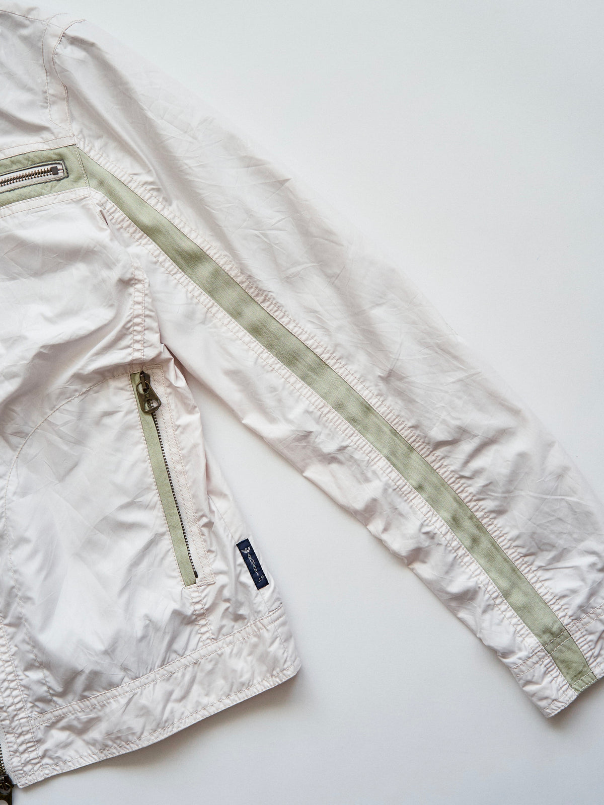 【SIZE M】2000s ARMANI JEANS PU-Coated Racing Stripe Moto Jacket / Ivory Sage Line