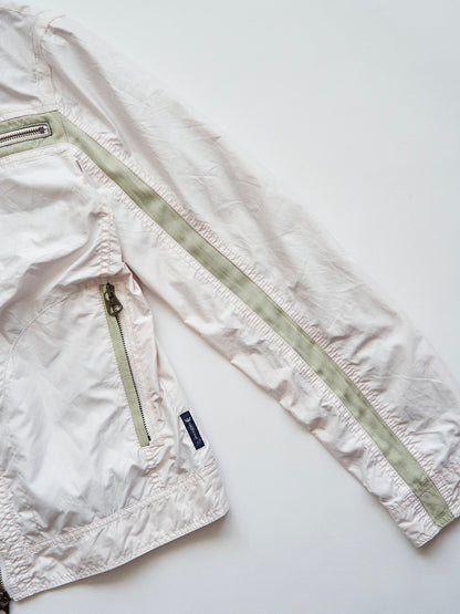 【SIZE M】2000s ARMANI JEANS PU-Coated Racing Stripe Moto Jacket / Ivory Sage Line