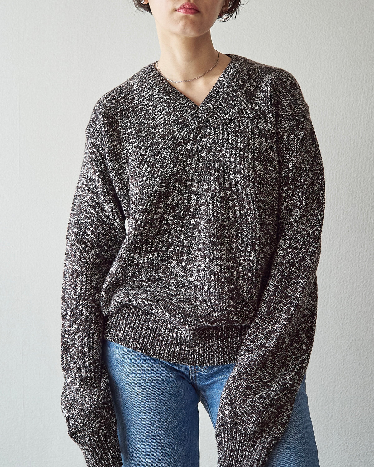 【SIZE S-M】90s agnès b. homme Melange Wool V-Neck Knit / Brown x Ecru