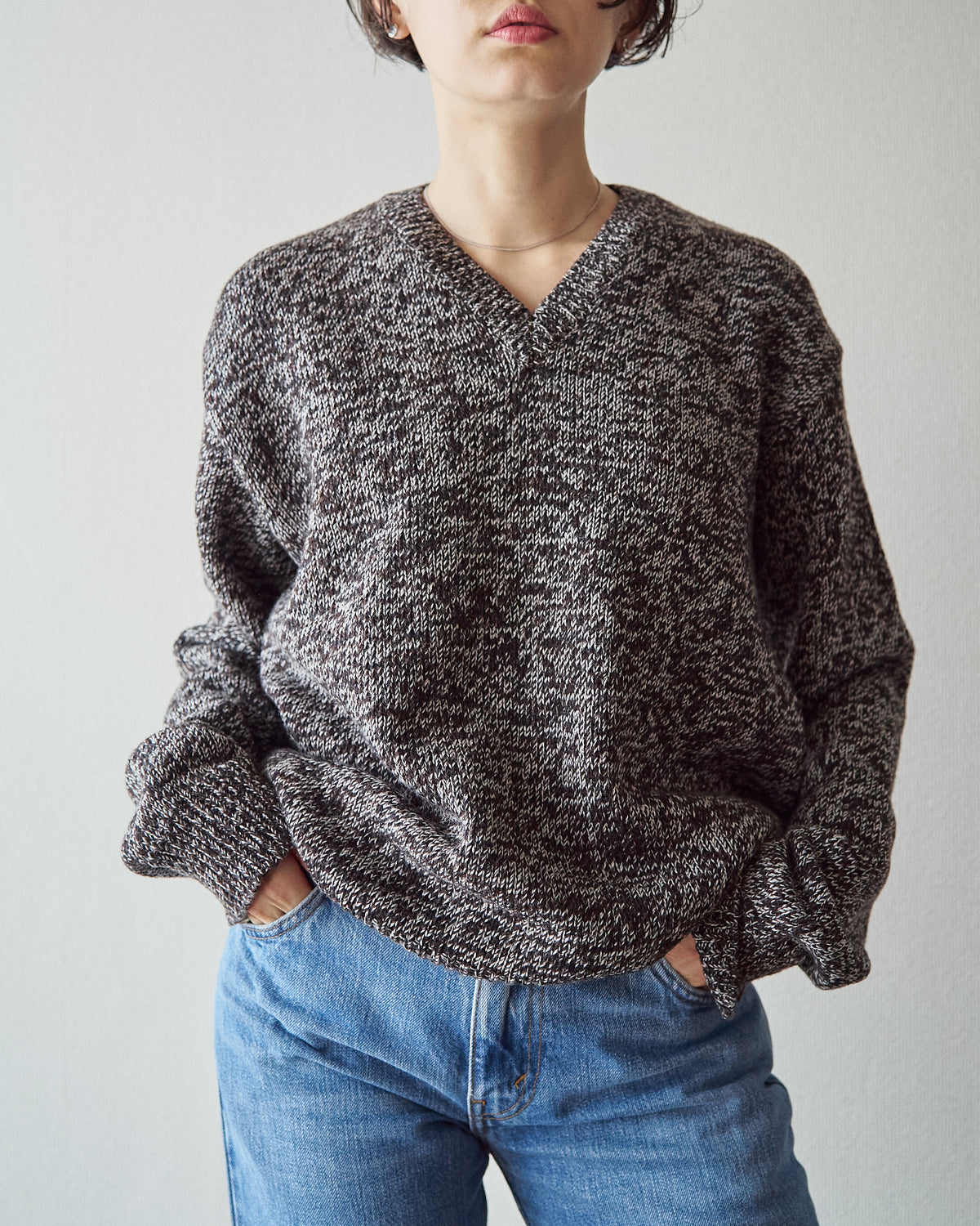 【SIZE S-M】90s agnès b. homme Melange Wool V-Neck Knit / Brown x Ecru