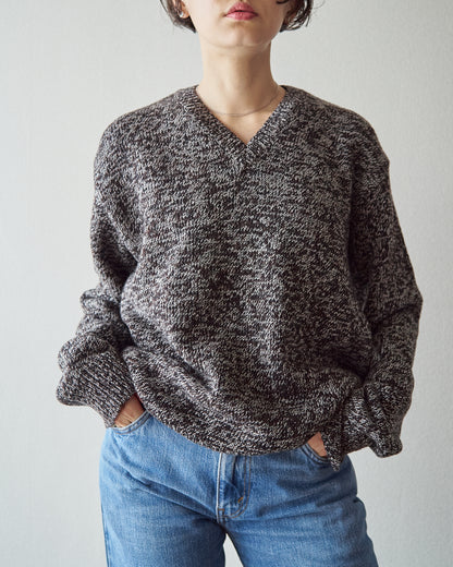 【SIZE S-M】90s agnès b. homme Melange Wool V-Neck Knit / Brown x Ecru
