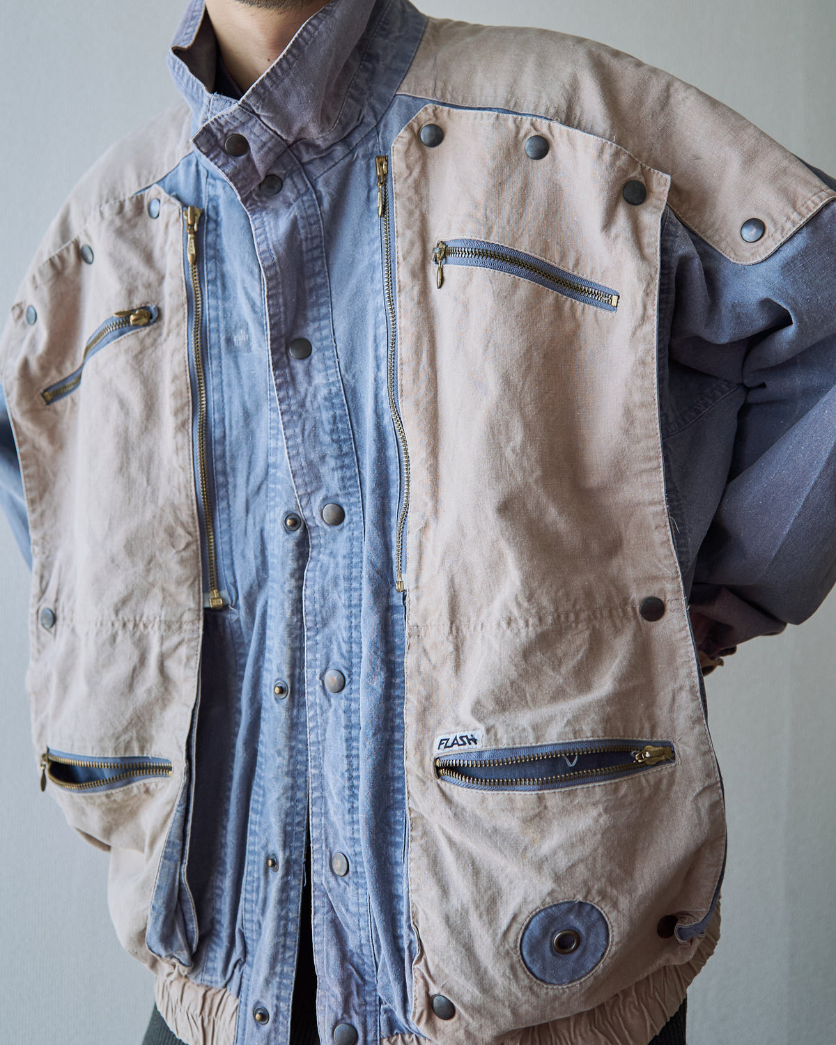 【SIZE M-L】80-90s FLASH Cotton Twill Detachable Multi-Pocket Bomber Jacket / Grey Beige
