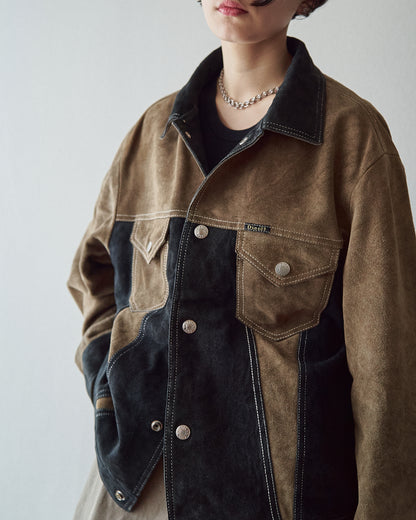 【SIZE M-L】90s DIESEL Suede Two-Tone Trucker Jacket / Beige Black