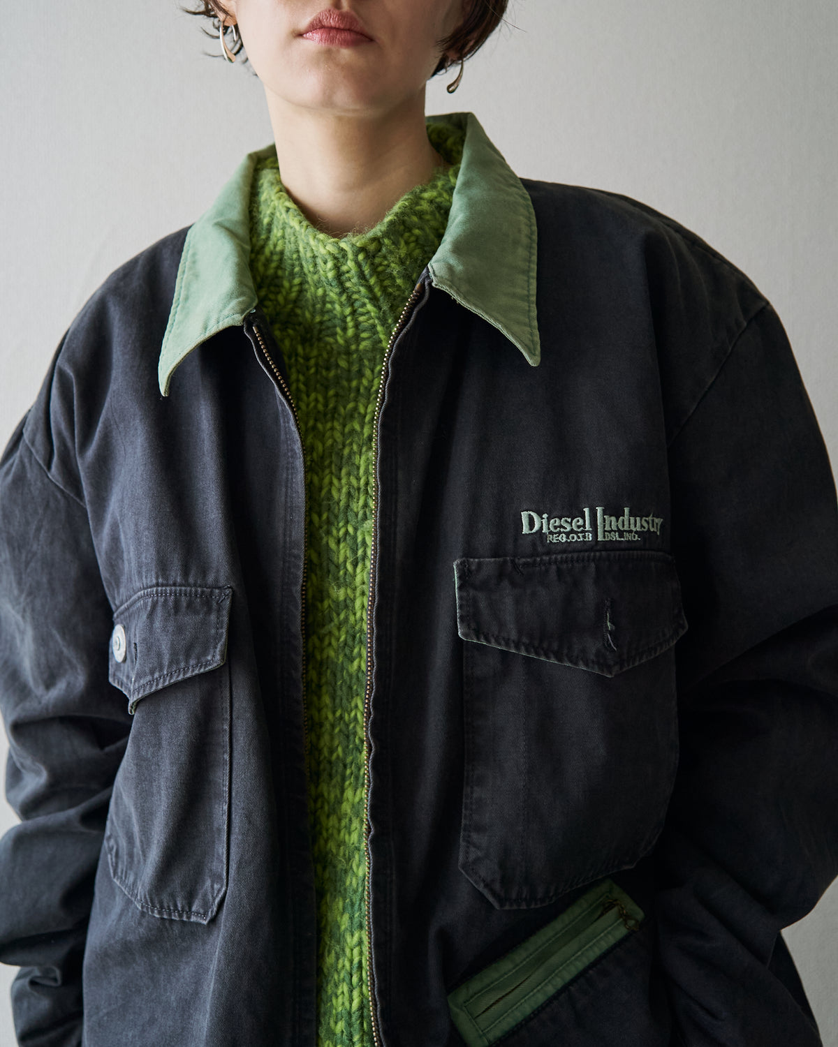 【SIZE L】90s DIESEL Industry Cotton Twill Contrast Collar Work Jacket / Black x Moss Green