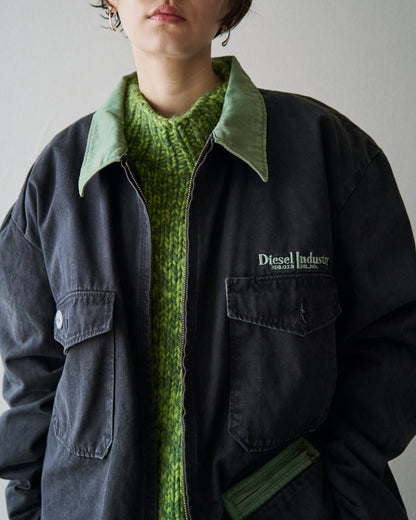 【SIZE L】90s DIESEL Industry Cotton Twill Contrast Collar Work Jacket / Black x Moss Green