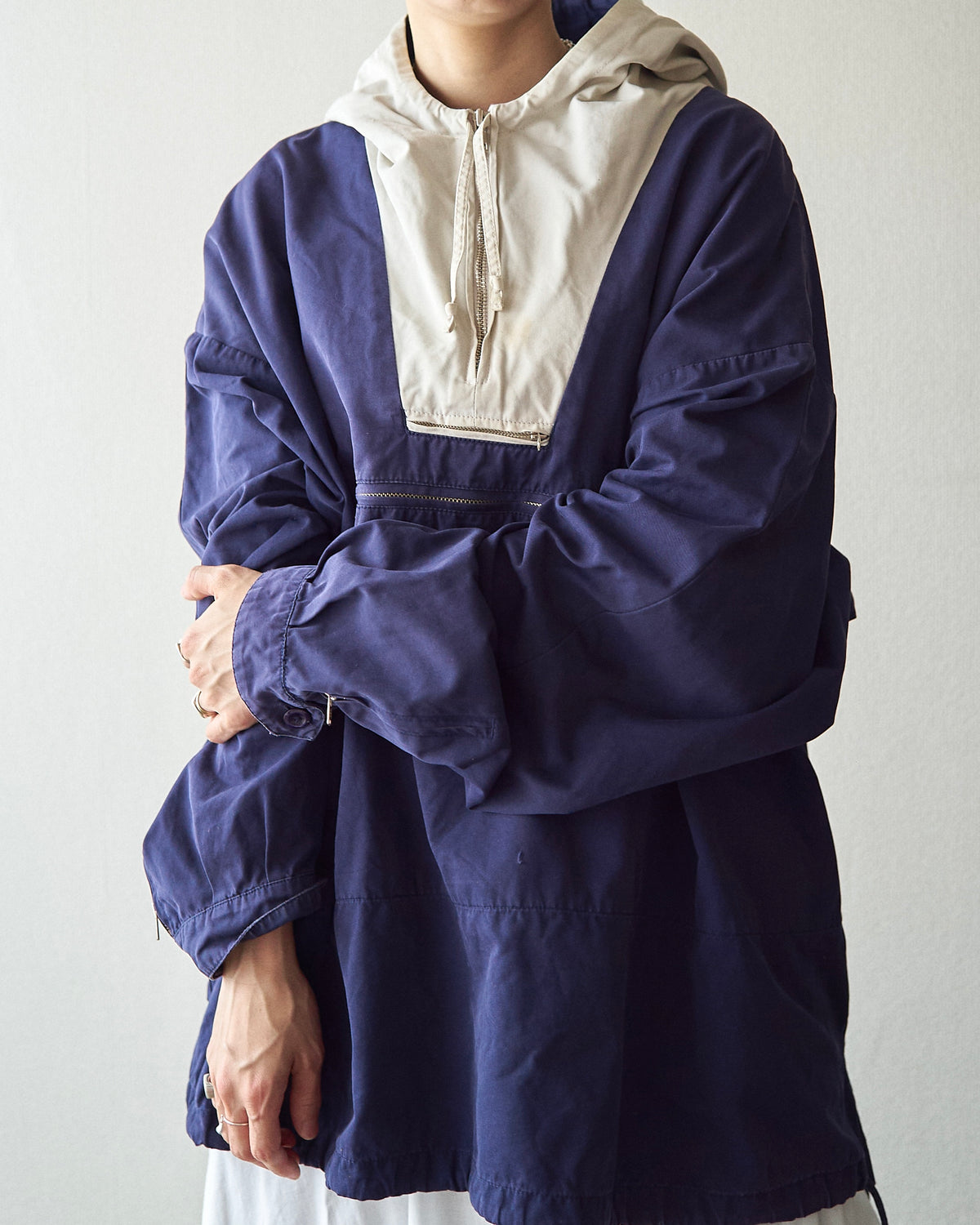 【SIZE XL】90's J.CREW Cotton Two-Tone Pullover Anorak / Navy x Ivory