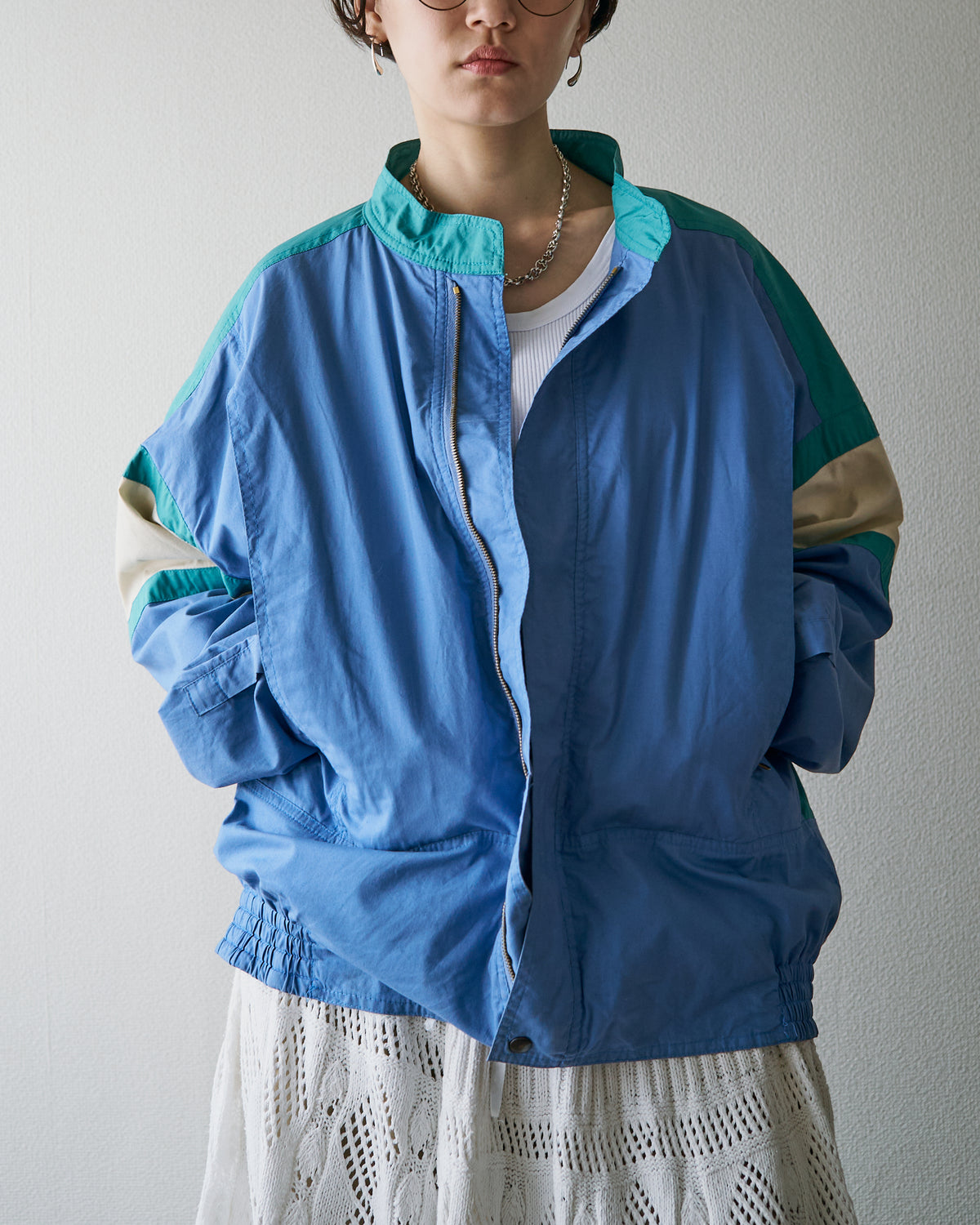 【SIZE M-L】80-90s PULSAR SPORTSWEAR Cotton Color-Block Sport Jacket / Cornflower Teal