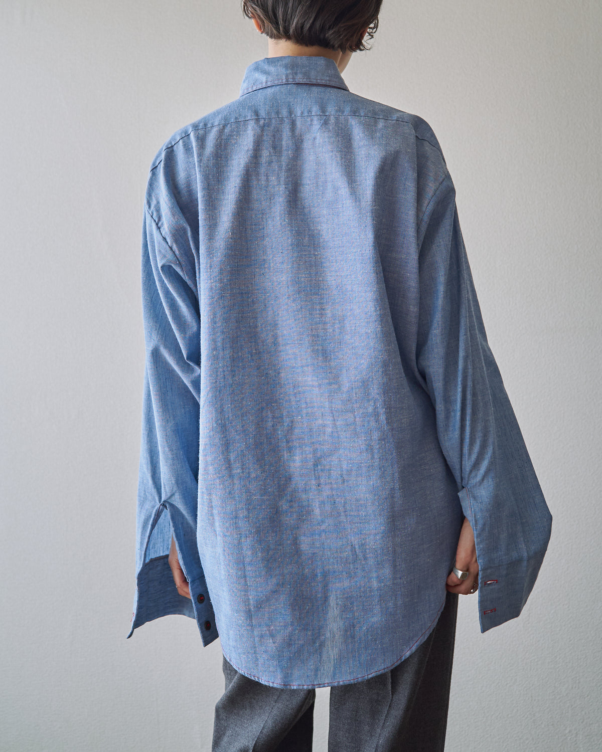 【SIZE M-L】70-80s HOUSE OF HANOVER Contrast-Stitch Poly-Cotton Western Chambray Shirt / Blue