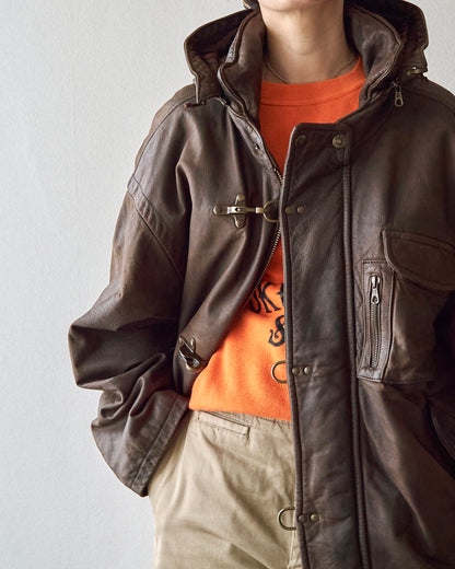 【SIZE S-M】80s Italian Leather Fireman  Hooded Jacket / Brown