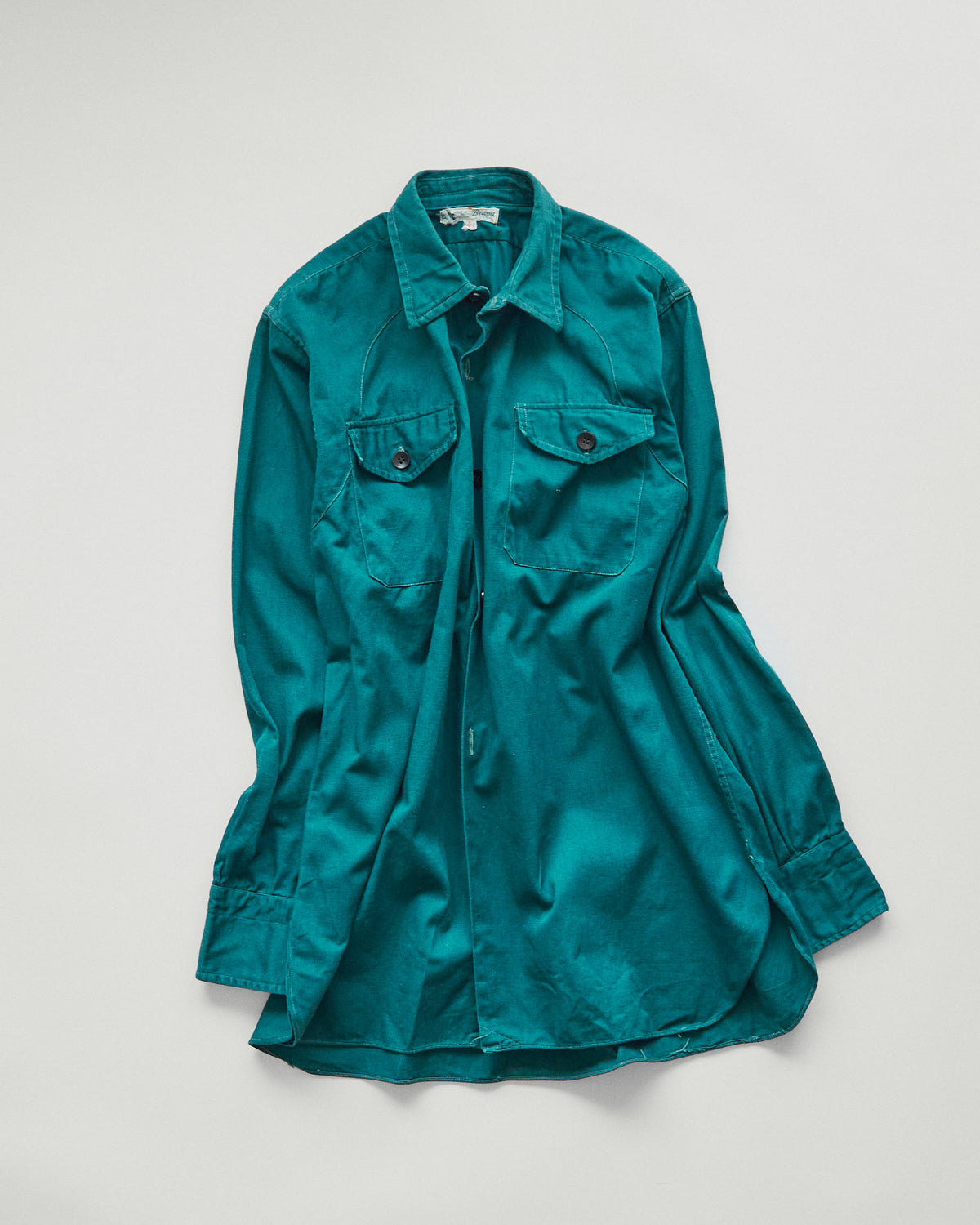 【SIZE S】1950-60s French Cotton Twill Back-Button Work Shirt / Deep Teal