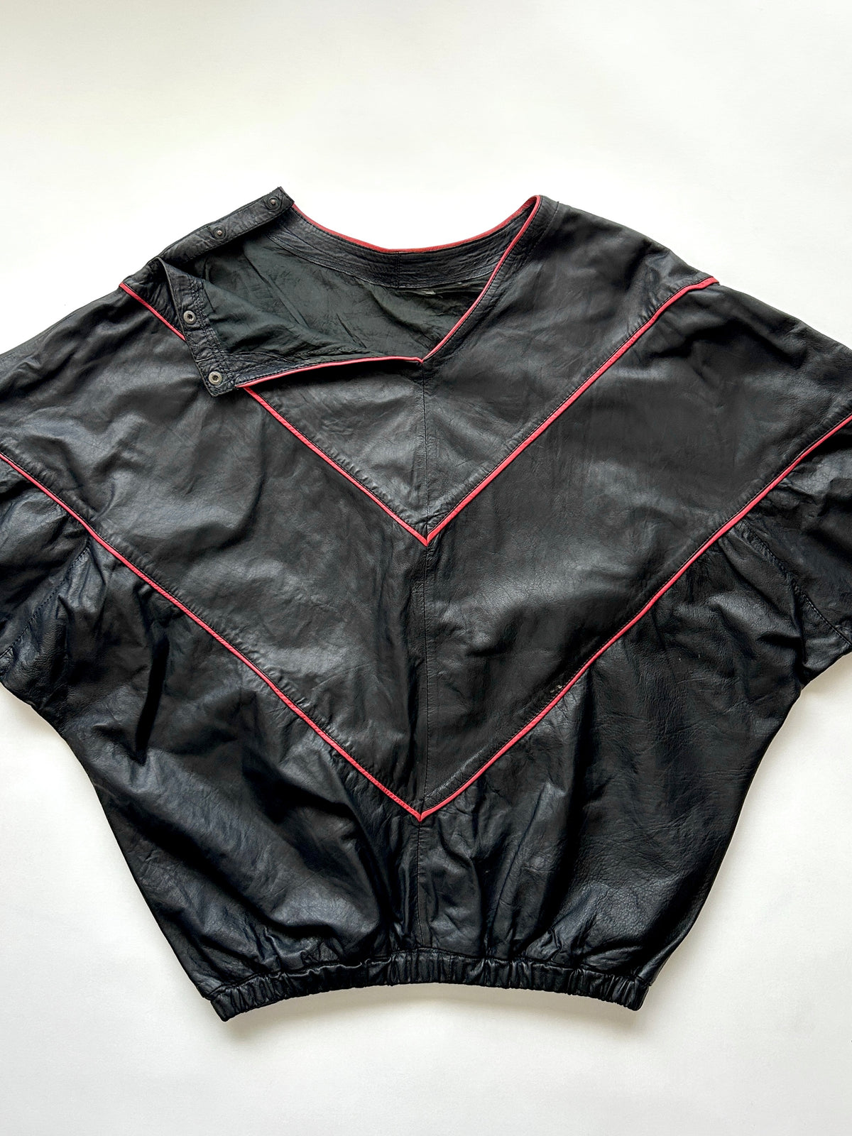 【SIZE XL】80s Shoulder-Snap Oversized Piping Leather Pullover / Black Red Piping