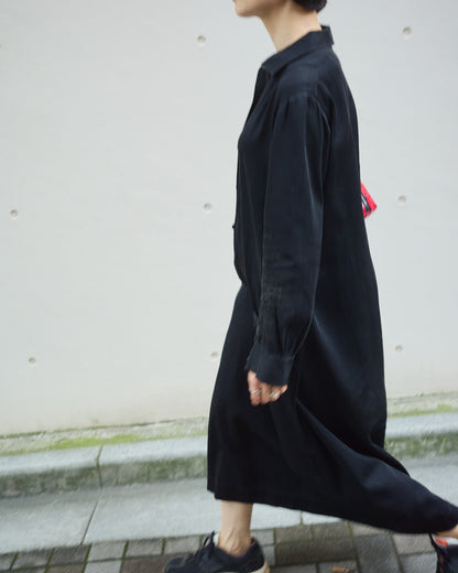 【SIZE S】-1940s French Black Cotton Sateen Maid Dress / Hand-Darned Repairs