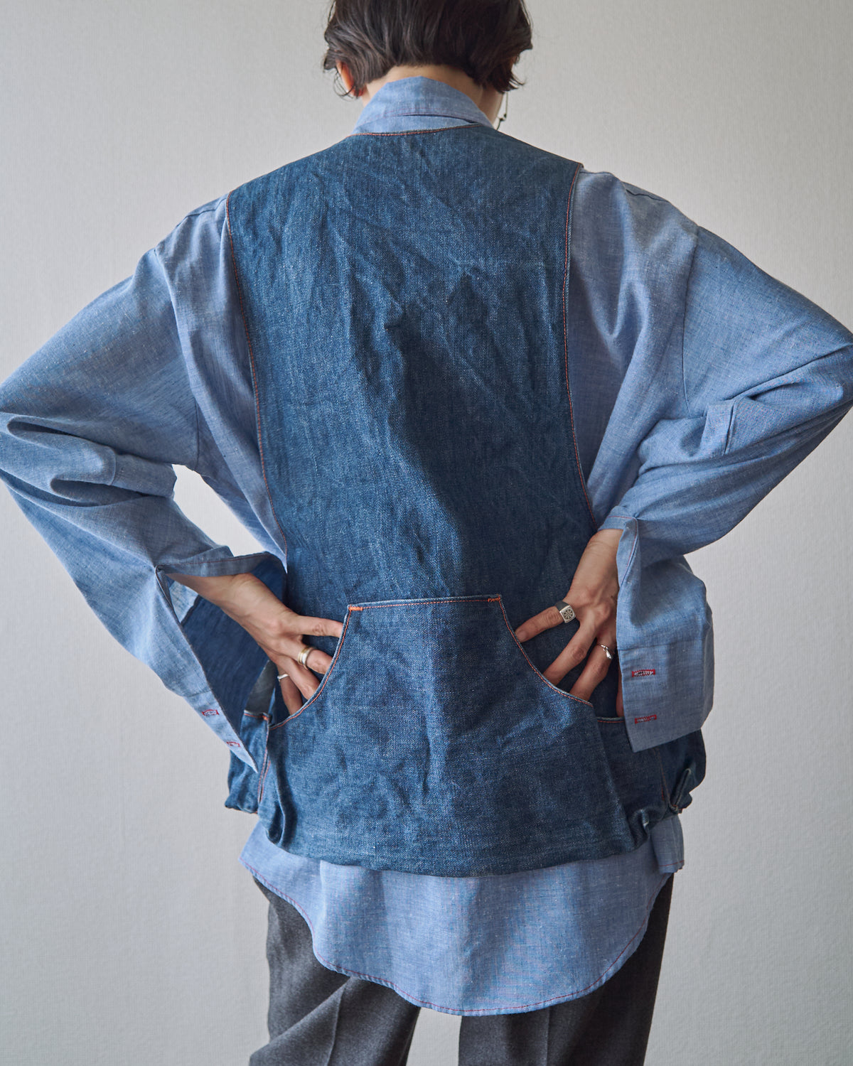 【SIZE M】60-70s Denim Leather Recoil-Pad  Shooting Vest / Orange Stitch