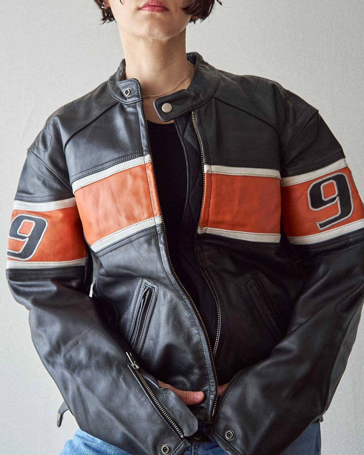【SIZE S-M】80-90s HEIN GERICKE Colorblock Leather Racing Jacket / Black Orange