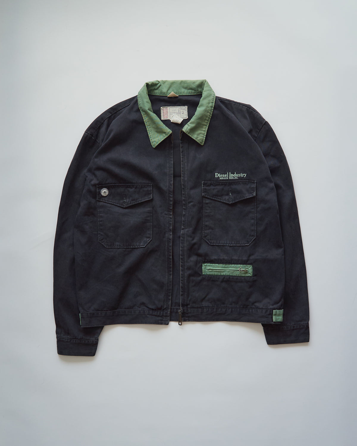 【SIZE L】90s DIESEL Industry Cotton Twill Contrast Collar Work Jacket / Black x Moss Green
