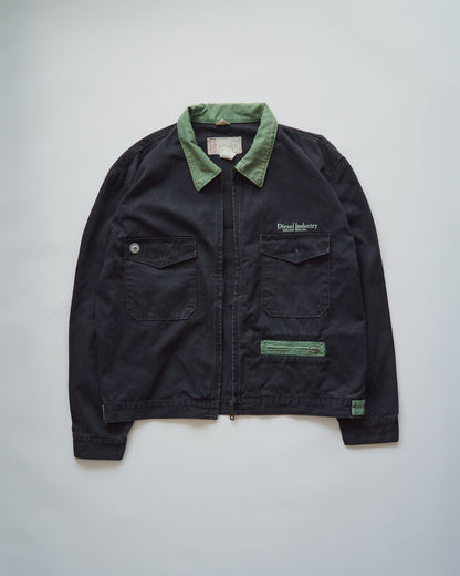 【SIZE L】90s DIESEL Industry Cotton Twill Contrast Collar Work Jacket / Black x Moss Green