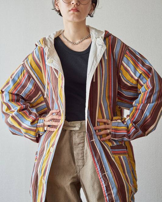 【SIZE L】80’s Reversible Multi-Stripe Cotton Hooded Parka / Stripe & Ivory