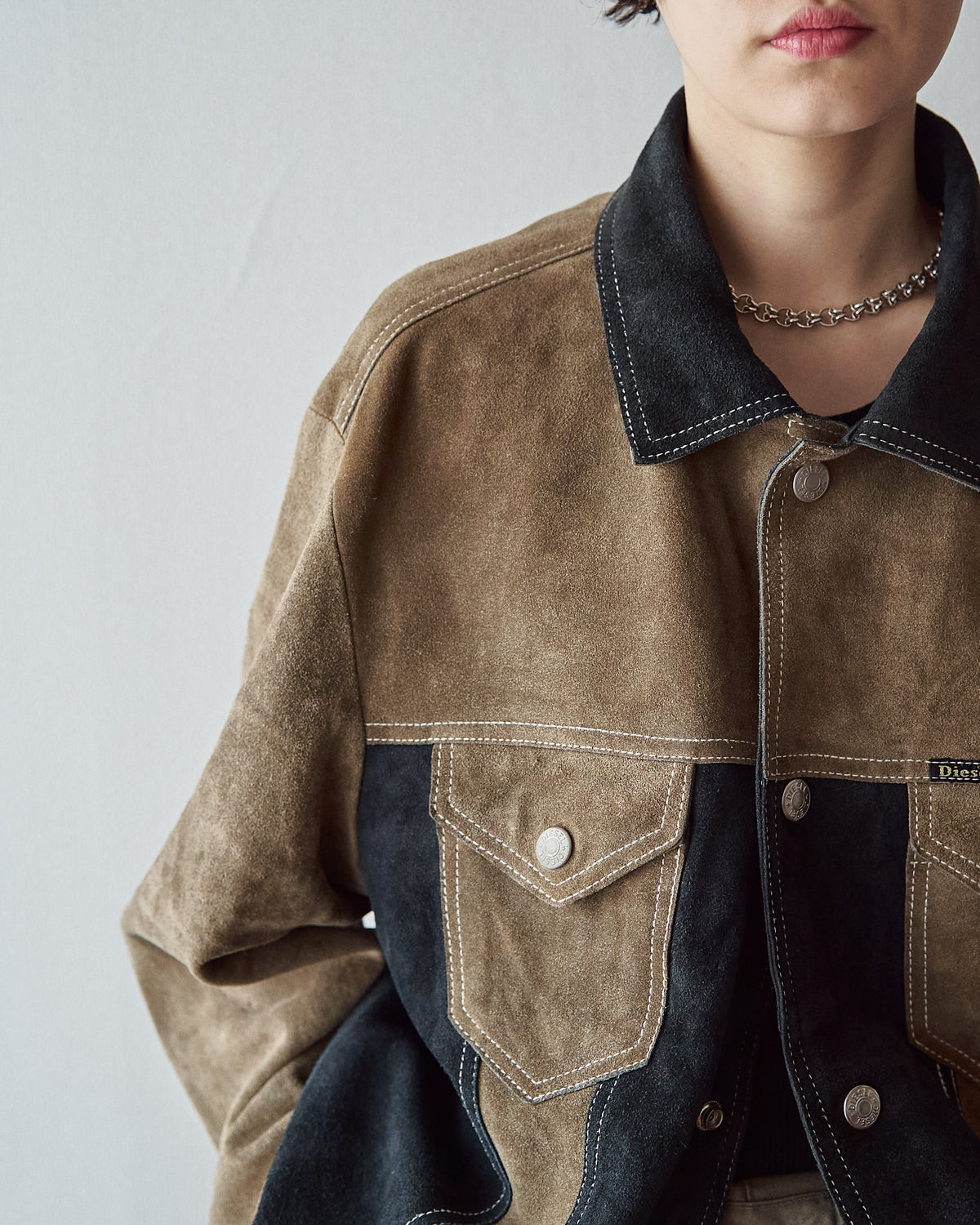 【SIZE M-L】90s DIESEL Suede Two-Tone Trucker Jacket / Beige Black