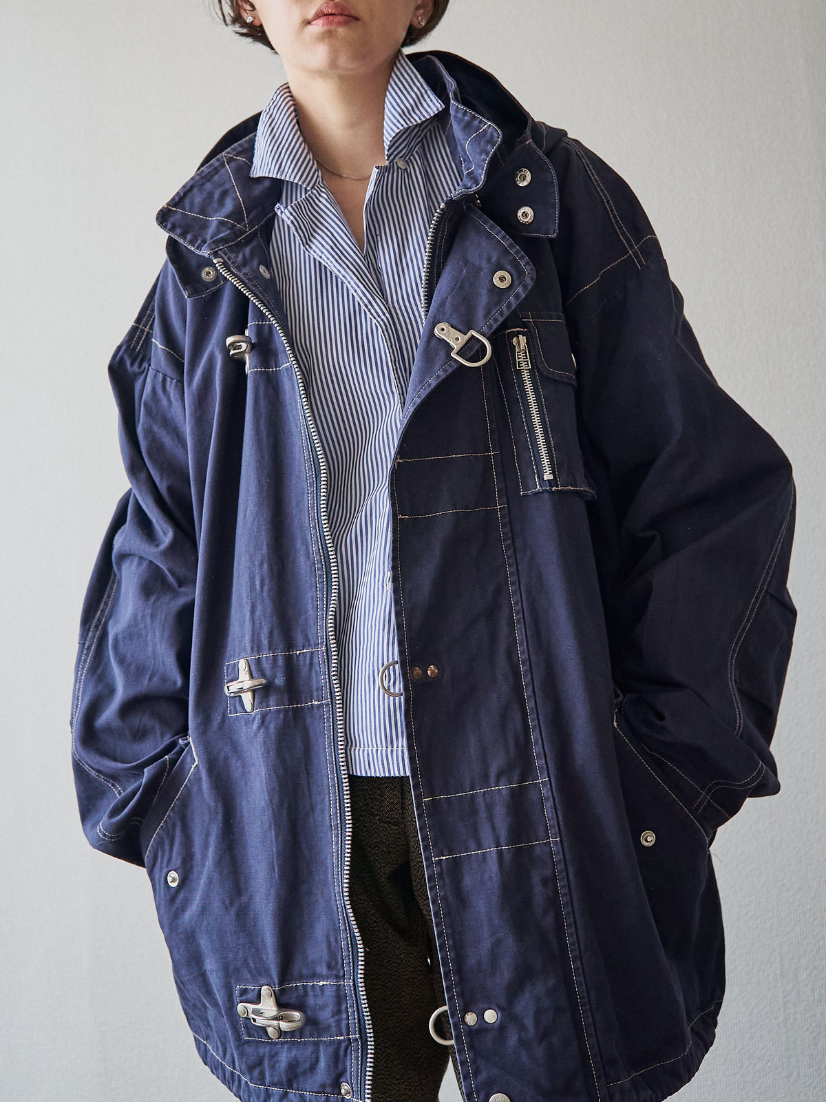 【SIZE L】OXER Cotton Detachable Hood Fireman-Hook  Coat / Navy