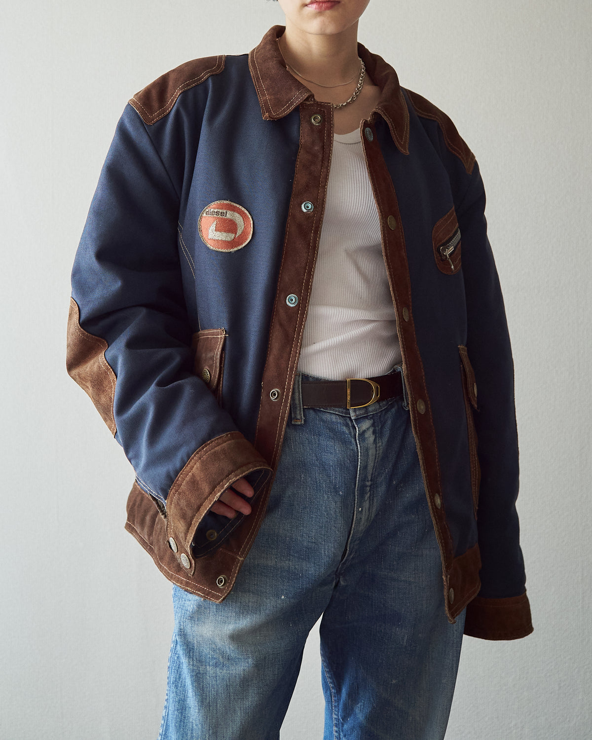 【SIZE L】90s DIESEL Cordura Nylon Suede Elbow-Patc Trucker Jacket / Black