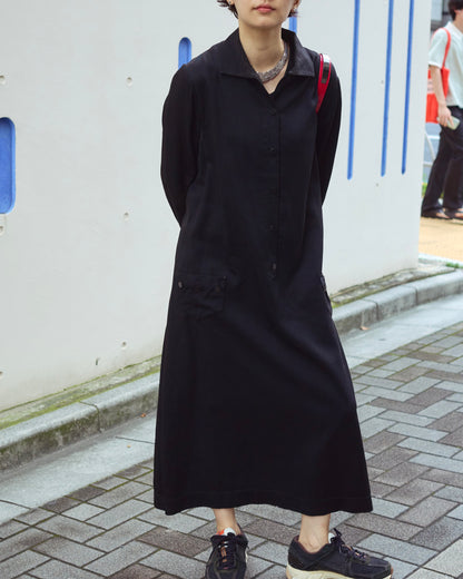 【SIZE S】-1940s French Black Cotton Sateen Maid Dress / Hand-Darned Repairs