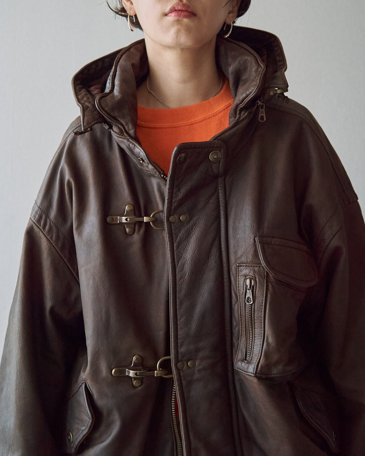 【SIZE S-M】80s Italian Leather Fireman  Hooded Jacket / Brown